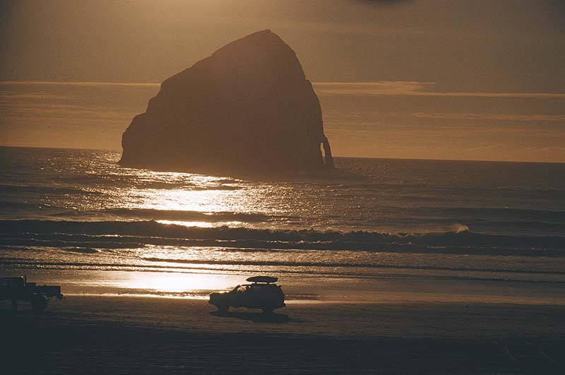 sunset at beach, jeep